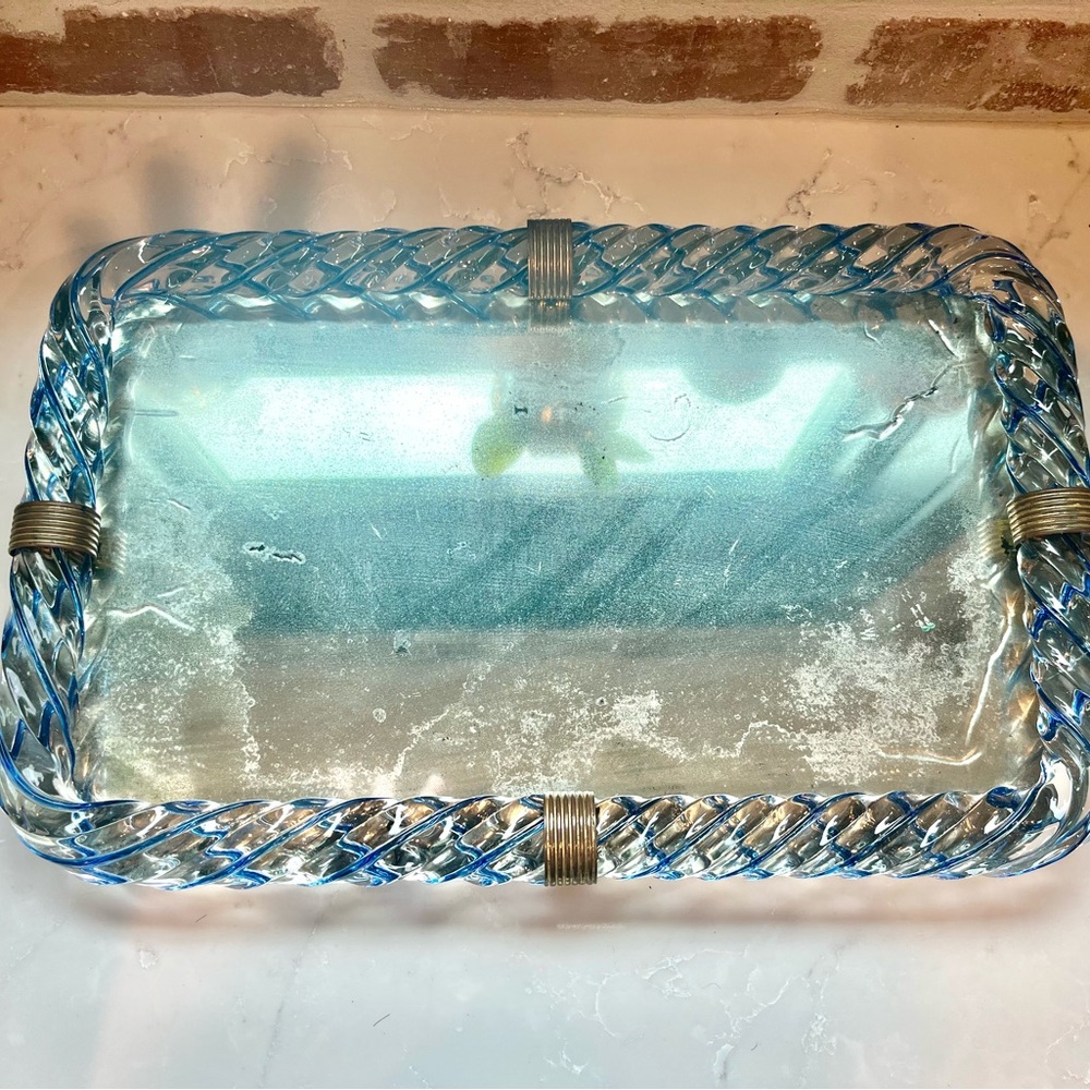 Vintage Barovier + Toso Murano Twisted Glass Mirror with Ribbed Brass Detailing